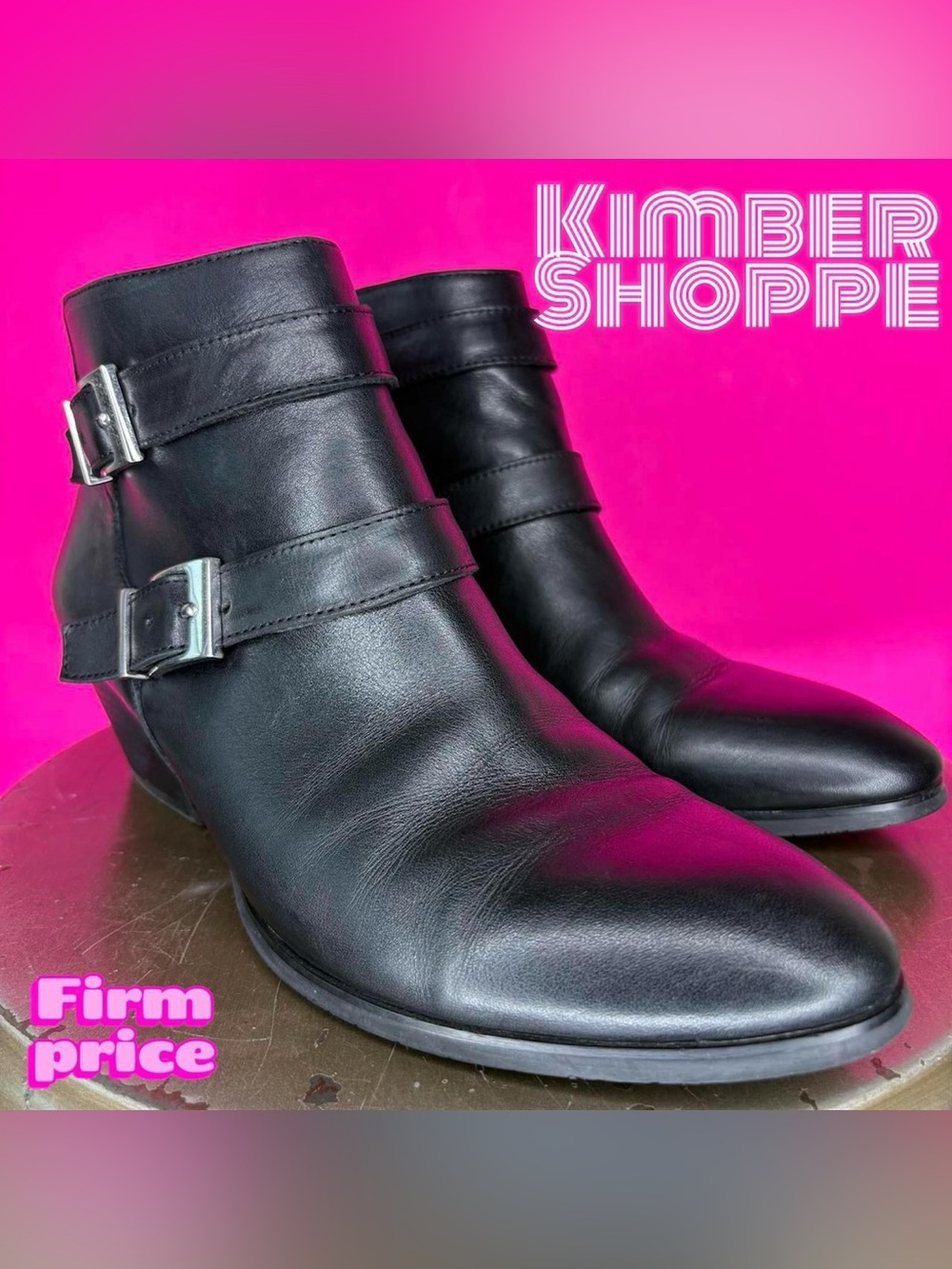 Franco Sarto Quartet Black Leather Double Buckle Strap Heeled Ankle Boot US 8.5